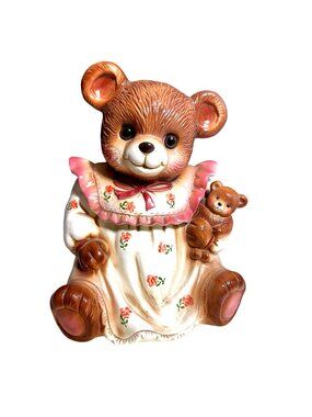 Teddy Bear Cookie Jar in Nightgown W/ Glass Eyes  80’s  with baby